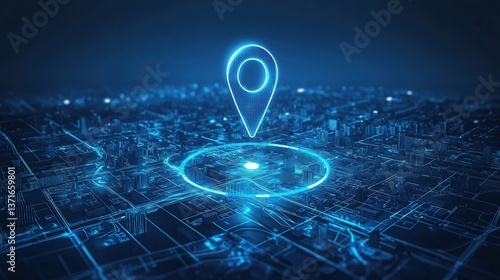 A digital map with a glowing location pin overlaid, showcasing a futuristic cityscape in blue tones.