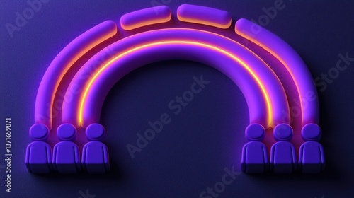 A vibrant, stylized representation of a rainbow with figures, illustrating unity and diversity in a colorful design.