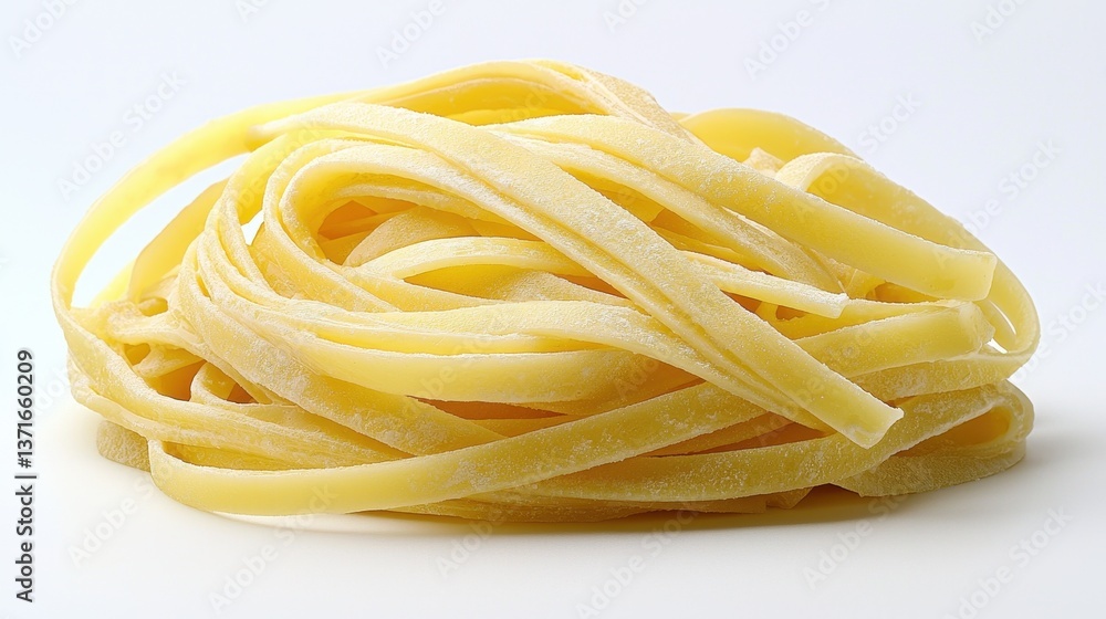 A close-up view of uncooked fettuccine pasta, arranged in a pile, showcasing its smooth, flat texture and pale yellow color. A close-up view of uncooked fettuccine pasta, arranged in a pile, showcasing its smooth, flat texture and pale yellow color.