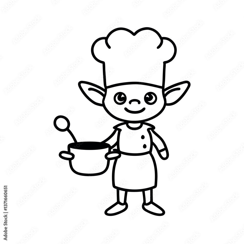 Cute Black and White Elf Chef Holding a Pot and Spoon Cute Black and White Elf Chef Holding a Pot and Spoon