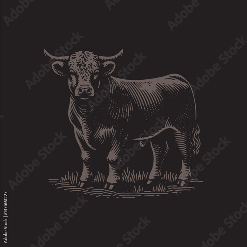 Angus Cattle Vector Illustration – Vintage Retro Logo Design on Black Background