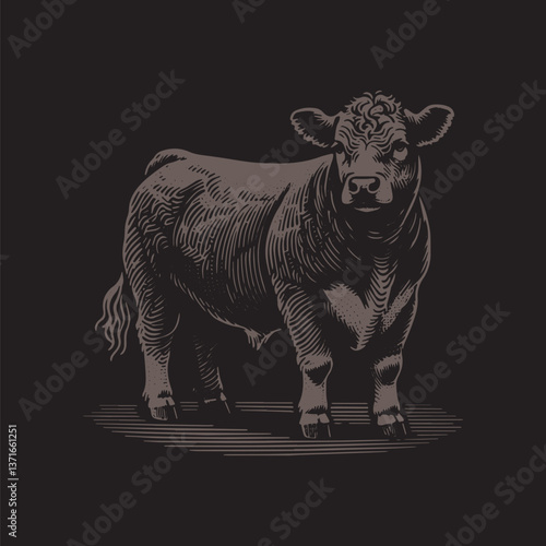 Angus Cattle Vector Illustration – Vintage Retro Logo Design on Black Background