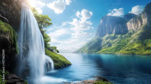 Fototapeta Naklejka Na Ścianę i Meble -  A majestic waterfall plunging into a natural infinity pool overlooking the ocean