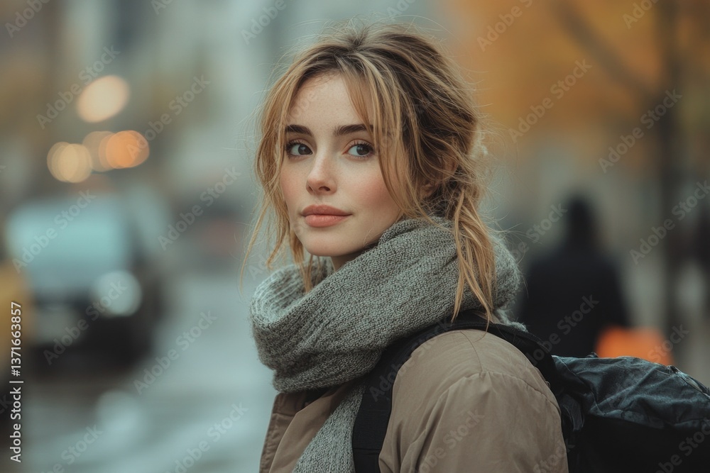 Young Woman Texting on Smartphone in Autumn Street Scene Young Woman Texting on Smartphone in Autumn Street Scene