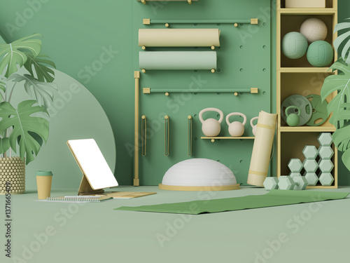 Exercise & Wellness Sport fitness equipment, yoga mat, Kettlebell, dumbbells,plant pot, laptop on pastel green background. Trendy 3d render for fitness, lifting in the gym, gym at home. Work form home
