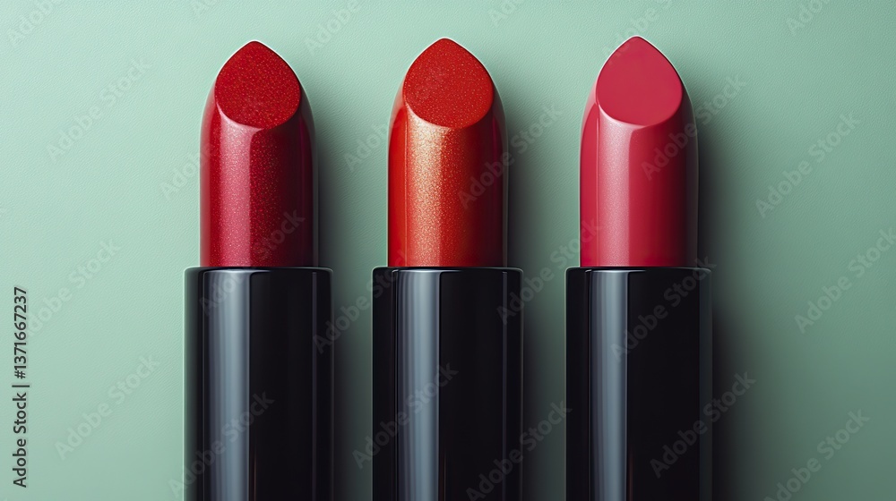 Three closed red and pink lipsticks stand vertically side by side on a light green background, creating a stylish, modern beauty concept. Three closed red and pink lipsticks stand vertically side by side on a light green background, creating a stylish, modern beauty concept.