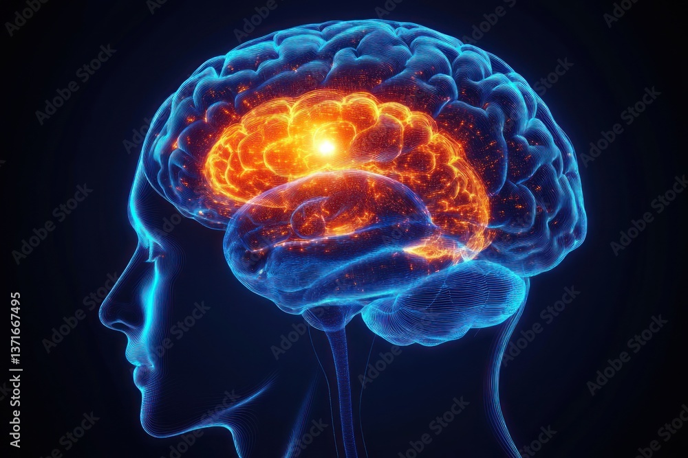 Human Brain Side Profile Illustration with Bioluminescent Colors and Internal Structures in Sci-Fi Style Human Brain Side Profile Illustration with Bioluminescent Colors and Internal Structures in Sci-Fi Style