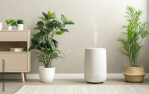 A modern living space featuring a humidifier and lush indoor plants, creating a fresh, serene atmosphere.