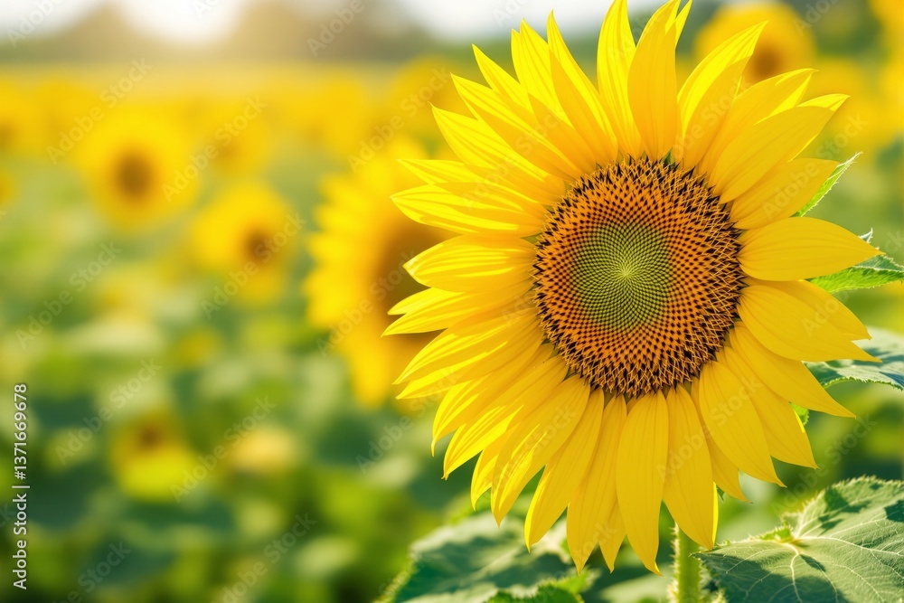 Bright sunflower in sharp focus with a blurred field of sunflowers in the background, ideal for creative floral design and summer nature concepts. Ai generative Bright sunflower in sharp focus with a blurred field of sunflowers in the background, ideal for creative floral design and summer nature concepts. Ai generative