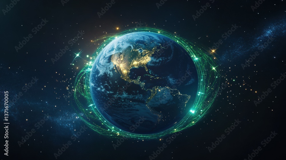 Fototapeta premium a glowing Earth at night from space, surrounded by sparkling stars and green energy rings, symbolizing sustainability and global unity