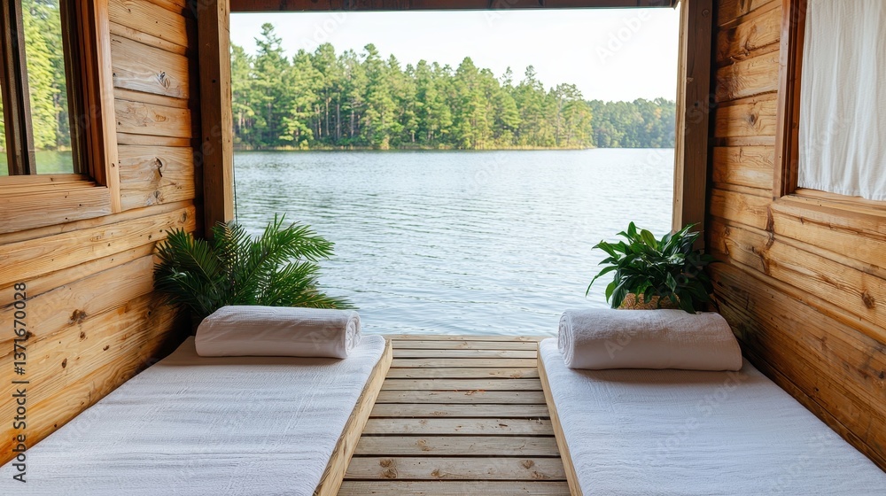 A serene lakeside retreat with wooden interiors, featuring two massage tables and lush greenery, perfect for relaxation and escape. A serene lakeside retreat with wooden interiors, featuring two massage tables and lush greenery, perfect for relaxation and escape.