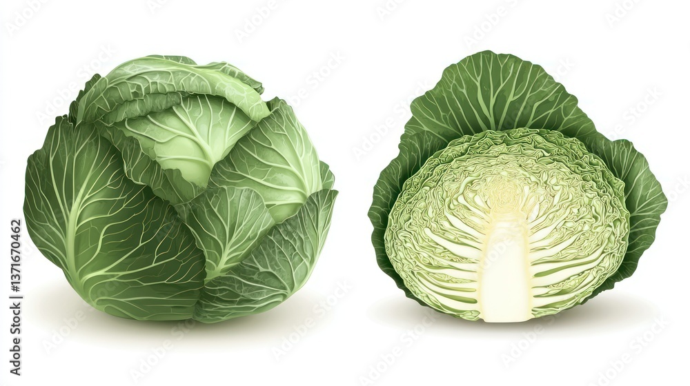 Fototapeta premium Illustration of a whole and half of a green cabbage on a white background.