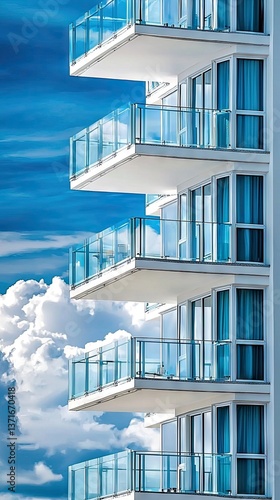 Modern apartment building balconies, blue sky, clouds, real estate