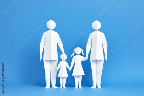 White paper cutout figures of a family of four holding hands, minimalistic creative design style, standing on a plain blue background. Ai generative