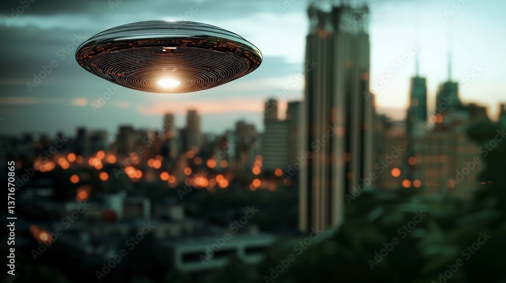 Sci Fi UFO Spaceship over Cityscape at Night Sci Fi UFO Spaceship over Cityscape at Night