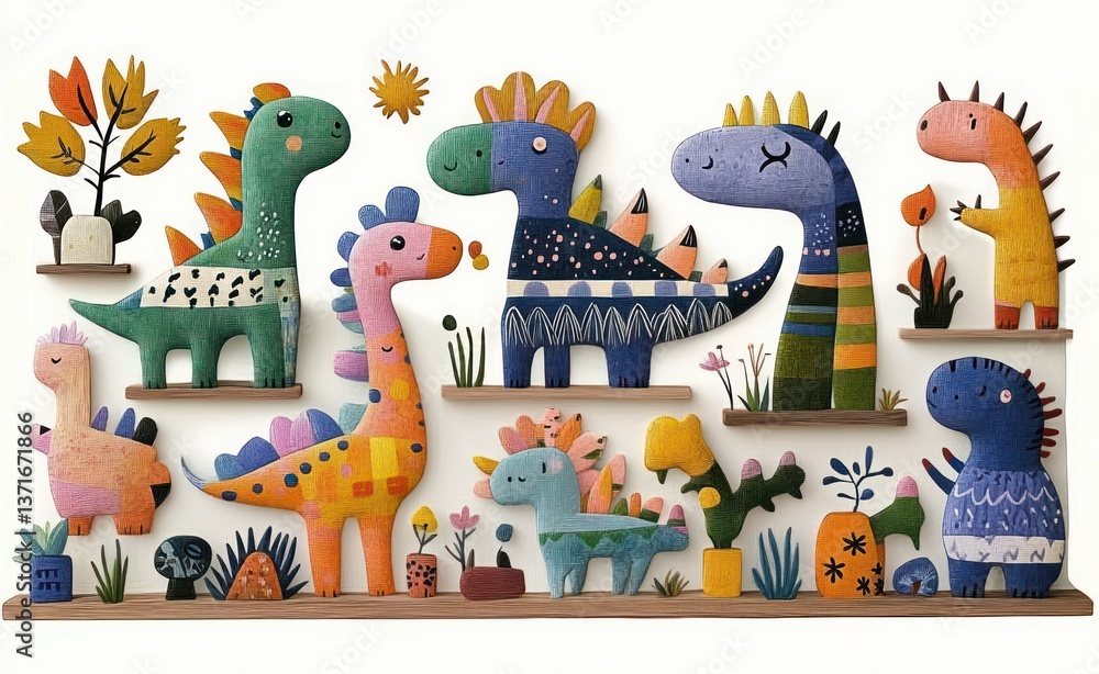 Obraz premium Whimsical Dinosaur Creatures Watercolor Playful Cartoon Collection