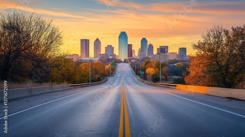 Scenic Route into the City: Oklahoma City Skyline at Sunset in Autumn