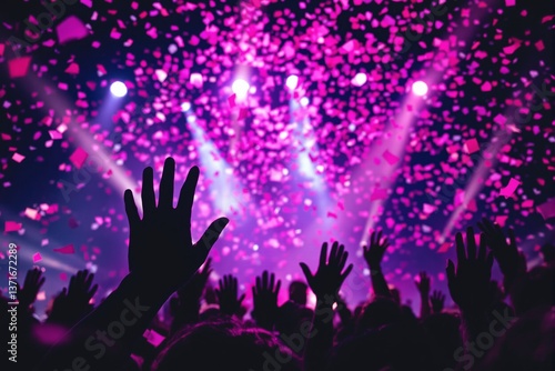 Wallpaper Mural Silhouetted audience with raised hands at a music concert with pink confetti and spotlights, colorful background, concept of celebration and joy. Ai generative Torontodigital.ca