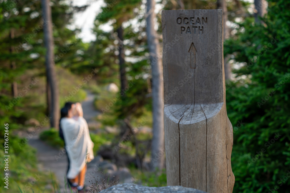 Wooden Ocean Path Sign with Blurred People in the Background