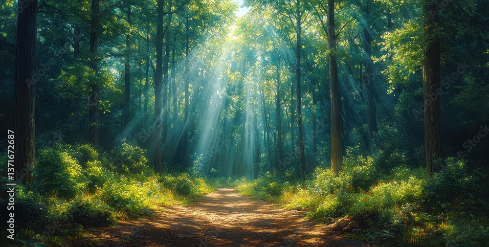 Serene Forest Scene with Sunlight Streaming Through Trees and Soft Shadows on a Path Serene Forest Scene with Sunlight Streaming Through Trees and Soft Shadows on a Path
