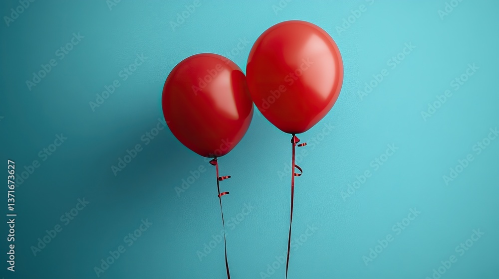 Three red balloons with ribbons float against a light blue background, a simple yet vibrant composition with levitation and joy. Three red balloons with ribbons float against a light blue background, a simple yet vibrant composition with levitation and joy.
