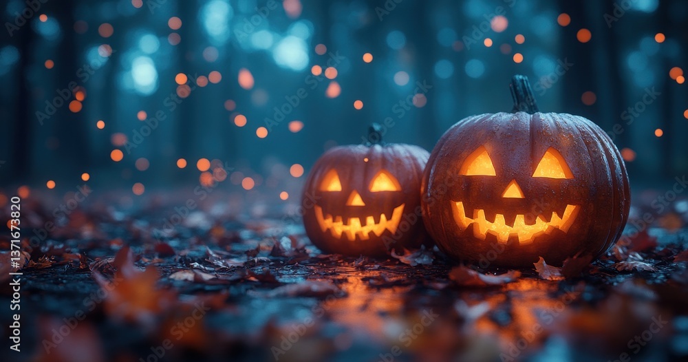 Glowing Jack O' Lanterns In Spooky Forest With Red Leaves And Eerie Atmosphere Glowing Jack O' Lanterns In Spooky Forest With Red Leaves And Eerie Atmosphere