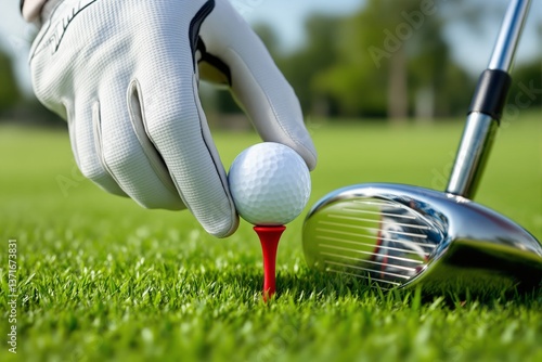 Gloved hand setting white golf ball on red tee near driver club, realistic style, grassy outdoor background, concept of sports preparation. Ai generative