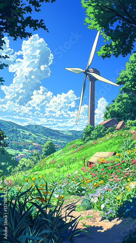serene windmill landscape with wildflowers, wind turbine in the field