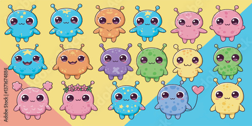 Cute Kawaii Alien Characters. Vector Illustration