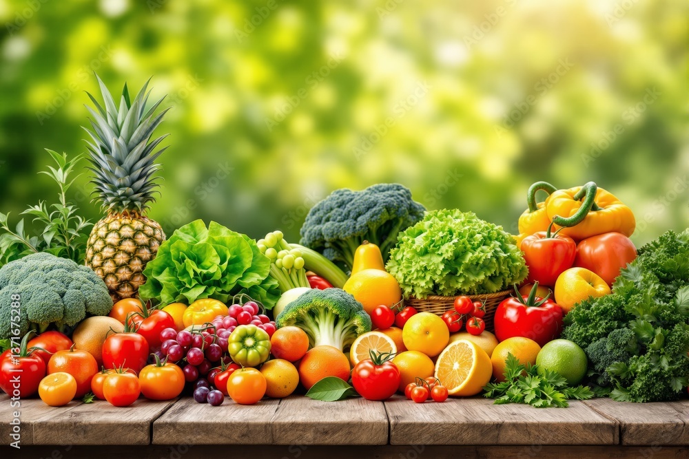 Assorted fresh fruits and vegetables creatively arranged on a wooden table, with a vibrant green bokeh background, concept of healthy lifestyle. Ai generative Assorted fresh fruits and vegetables creatively arranged on a wooden table, with a vibrant green bokeh background, concept of healthy lifestyle. Ai generative