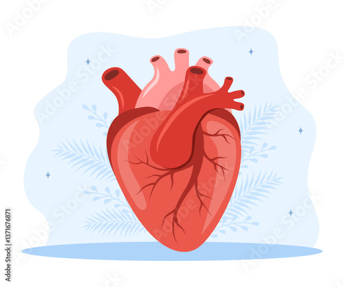 Heart care concept. Medical check up. Big realistic heart. Cardiology and circulatory system treatment. Flat Vector illustration.