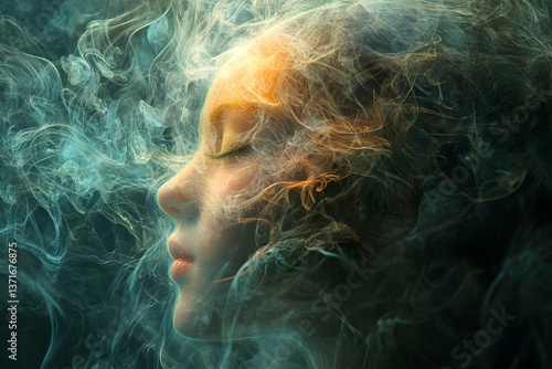 Peaceful face in swirling teal and gold smoke, eyes closed as vapor curls like dreams, blending portrait and mist in tranquil, magical atmosphere.