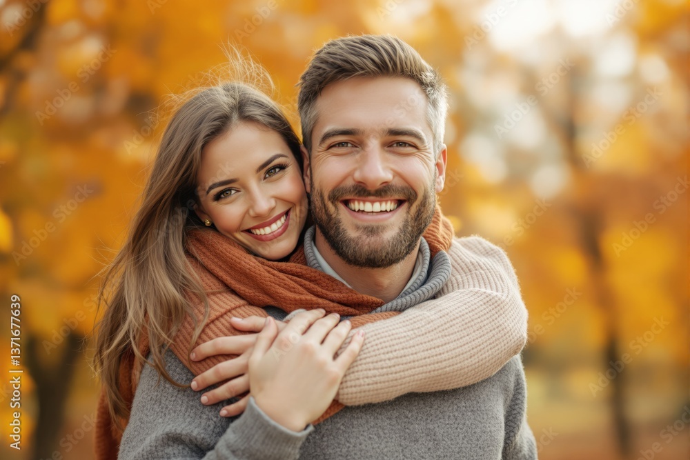 Happy couple hugging and smiling outdoors in autumn park, warm clothes, soft focus background, concept of love and togetherness. Ai generative Happy couple hugging and smiling outdoors in autumn park, warm clothes, soft focus background, concept of love and togetherness. Ai generative