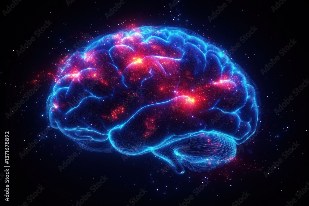 Naklejka premium X-ray Style Illustration of Human Brain with Neon Blue Outlines Midbrain Mesencephalon Anatomy