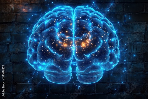 Futuristic Medical Illustration of Glowing Human Brain Semi-Transparent Blue and White Neon Backlighting Anatomy Neuroscience