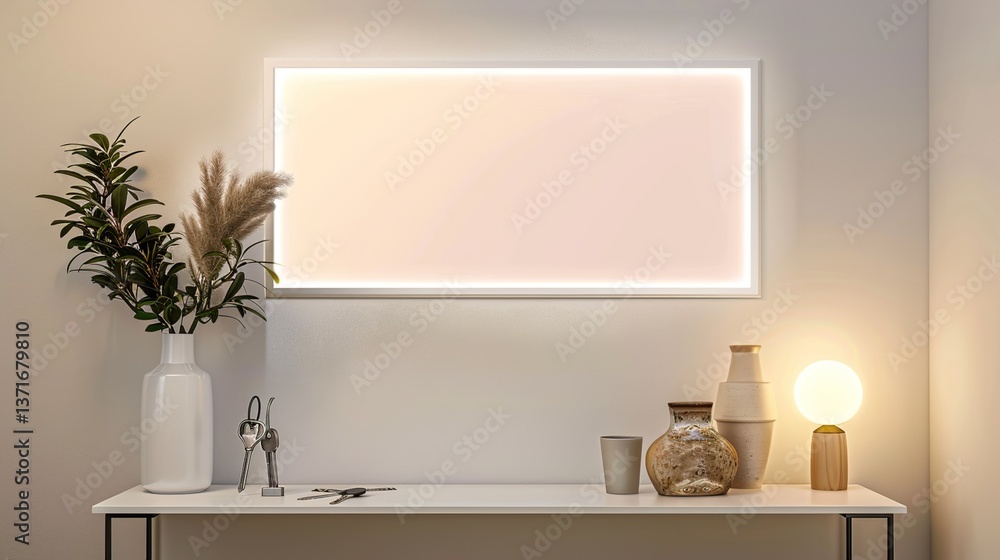 A white rectangular frame in a minimalist hallway, displayed above a clean console table with keys, a vase, HD 8K mockup wallpaper Photographic Image A white rectangular frame in a minimalist hallway, displayed above a clean console table with keys, a vase, HD 8K mockup wallpaper Photographic Image
