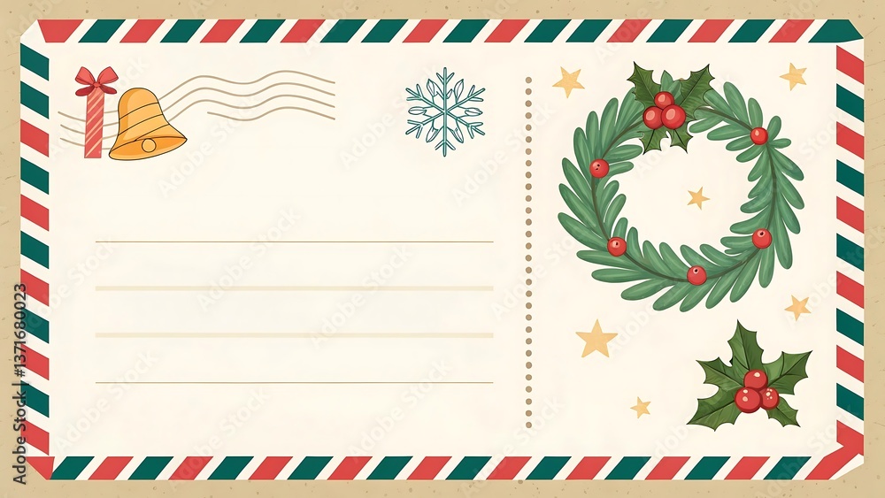 Christmas Postcard Template Festive Wreath, Bell, Snowflake Design for Holiday Greetings Christmas Postcard Template Festive Wreath, Bell, Snowflake Design for Holiday Greetings