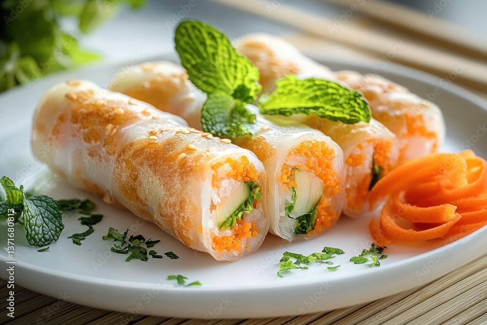 Crispy Spring Rolls Healthy Snack with Mint and Carrots Fresh and Delicious Vietnamese and Chinese Cuisine Crispy Spring Rolls Healthy Snack with Mint and Carrots Fresh and Delicious Vietnamese and Chinese Cuisine