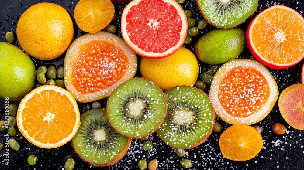 Sugar Sprinkled Citrus Fruits and Kiwi Slices on Dark Background Sugar Sprinkled Citrus Fruits and Kiwi Slices on Dark Background