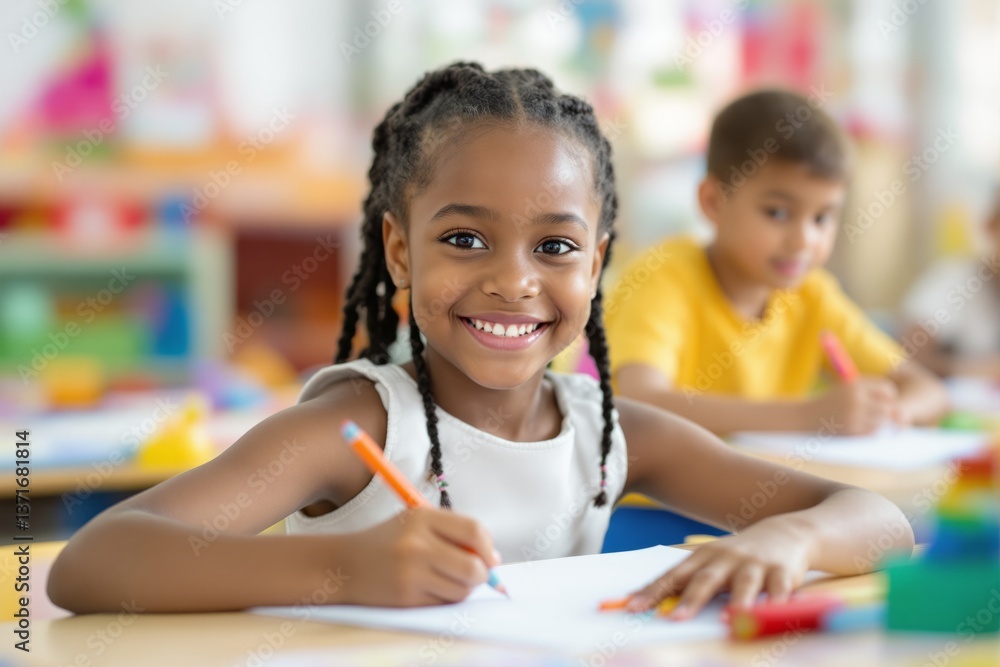 Fototapeta premium Smiling girl drawing with pencil in a colorful classroom, bright cheerful background, concept of creativity, education, happiness. Ai generative