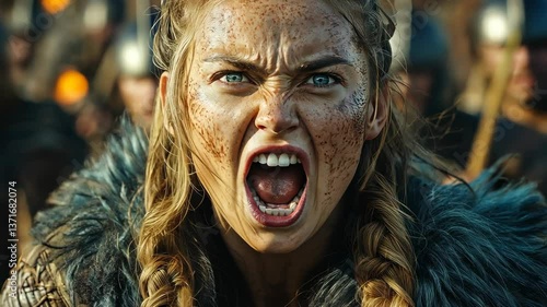 Warrior shouts fiercely in battle field surrounded by soldiers during epic medieval conflict scene