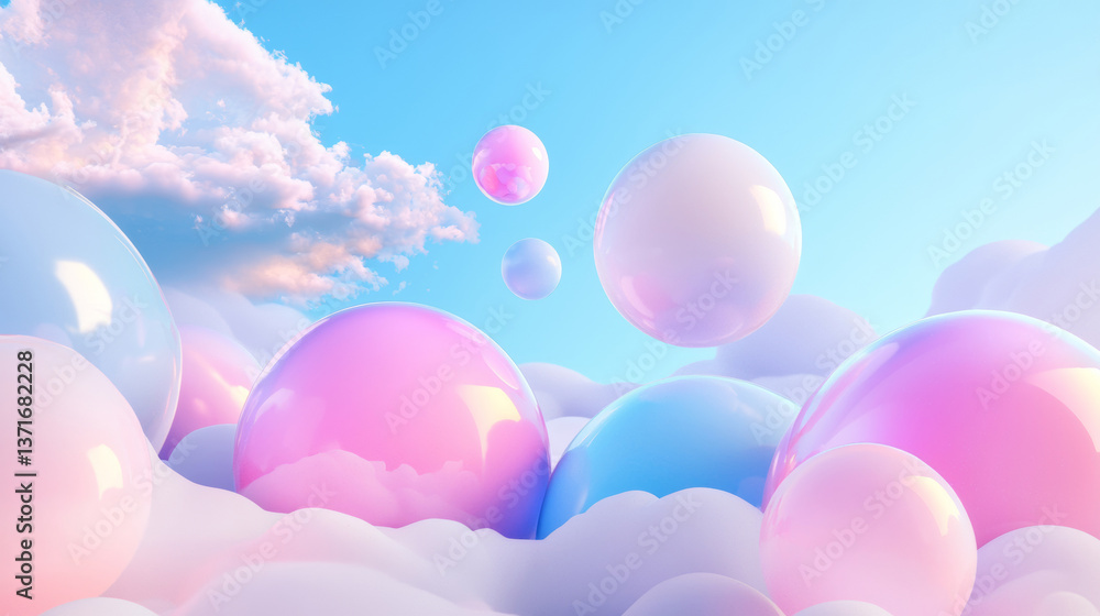 3D cloudscape cartoon dreamy cute clouds in sky pink blue gradient floating balloon balls over mountain hills abstract curve wallpaper fashion party music relaxing product display festive background 3D cloudscape cartoon dreamy cute clouds in sky pink blue gradient floating balloon balls over mountain hills abstract curve wallpaper fashion party music relaxing product display festive background