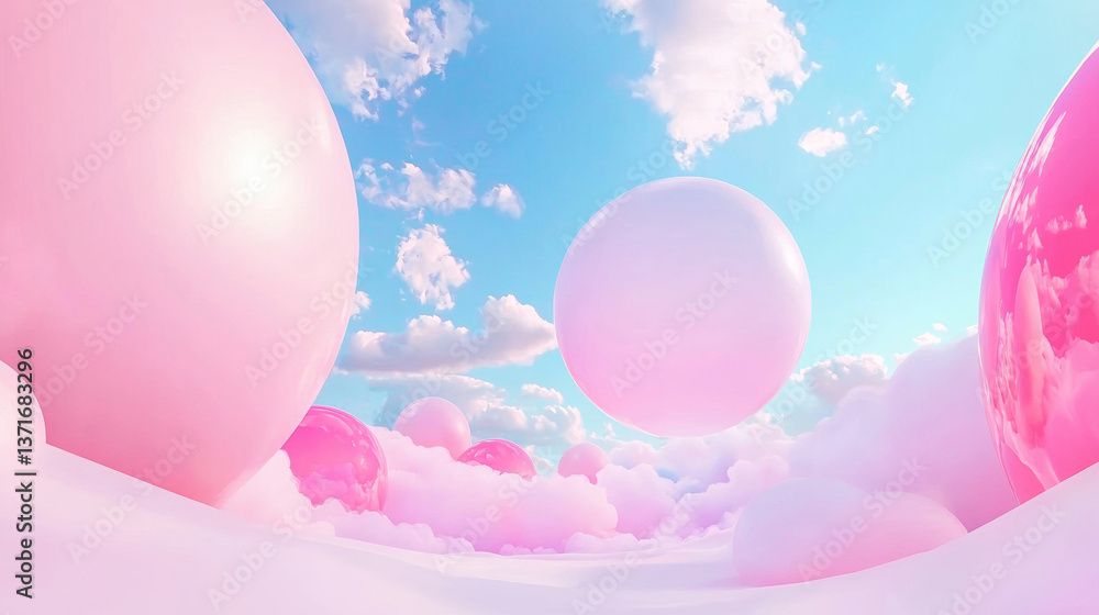 3D cloudscape cartoon dreamy cute clouds in sky pink blue gradient floating balloon balls over mountain hills abstract curve wallpaper fashion party music relaxing product display festive background 3D cloudscape cartoon dreamy cute clouds in sky pink blue gradient floating balloon balls over mountain hills abstract curve wallpaper fashion party music relaxing product display festive background