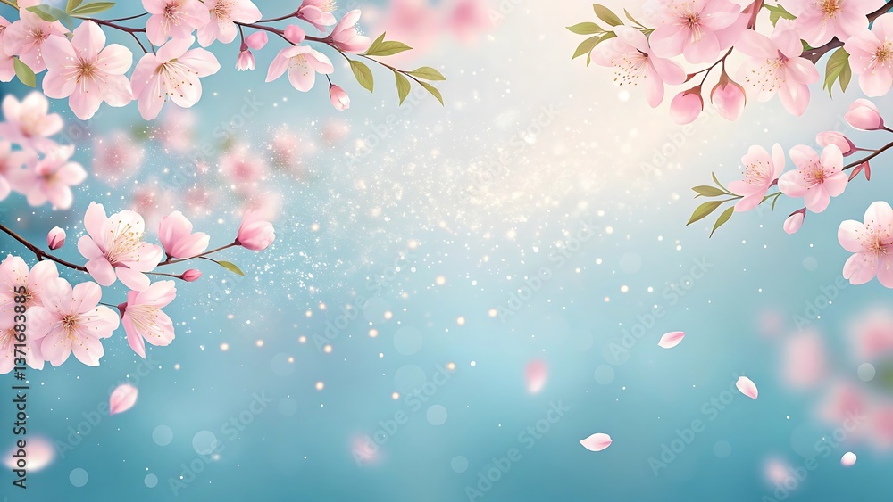 Stunning Pink Cherry Blossom Branches, Spring Floral Background, Soft Light, Pastel Blue Stunning Pink Cherry Blossom Branches, Spring Floral Background, Soft Light, Pastel Blue