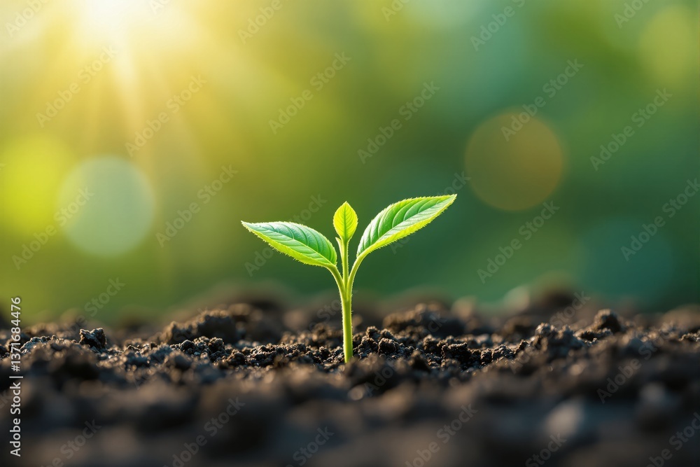 Small green plant sprout emerging from moist soil, realistic style, nature background with sun rays and bokeh, concept of growth and hope. Ai generative Small green plant sprout emerging from moist soil, realistic style, nature background with sun rays and bokeh, concept of growth and hope. Ai generative