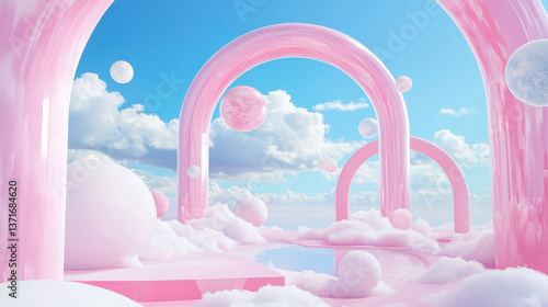 3D arches stage cartoon dreamy cute clouds in sky pink blue abstract curve wallpaper fashion party music relaxing product display festive background