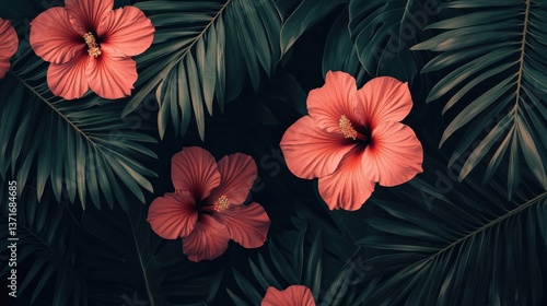 Wallpaper Mural Vibrant Hibiscus Flowers Surrounded by Tropical Green Leaves Torontodigital.ca