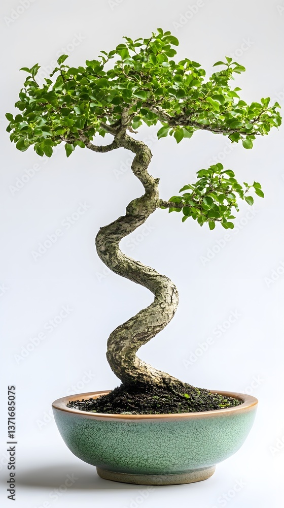 2. A small bonsai tree with a twisted trunk in a ceramic pot on a white background 2. A small bonsai tree with a twisted trunk in a ceramic pot on a white background