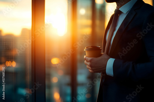 Close-up of businessperson holding a takeaway coffee at sunrise by office windows, evoking morning routine, focus, productivity, and reflective motivation.