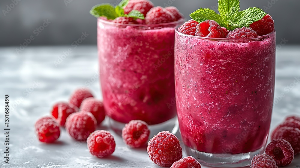 Two glasses of raspberry smoothie with mint and raspberries on white against a matching background. Two glasses of raspberry smoothie with mint and raspberries on white against a matching background.